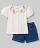 Babyhug Single Jersey Knit Half Sleeves Floral Embroidered Top & Denim Shorts Set - White & Blue