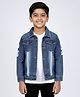 Kiddopanti Denim Woven Full Sleeves Typography Printed Jacket - Mid Wash Blue