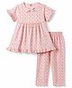 ToffyHouse Single Jersey Knit Half Sleeves Top & Pyjama Night Suit With Floral Print & Frill Detailing - Light Pink