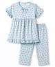 ToffyHouse Single Jersey Knit Half Sleeves Top & Pyjama Night Suit With Floral Print & Frill Detailing - Light Blue