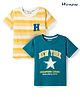 Honeyhap Premium 100% Cotton Knit Half Sleeves Striped T-Shirts with New York Print  & With Bio Finish Pack of 2 - Seaport & Golden Cream