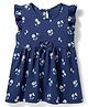 Doodle Poodle Single Jersey Knit Frill Sleeves Frock With Floral Print & Bow Applique - Navy Blue