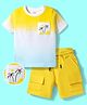 OLLINGTON ST. Cotton Knit Half Sleeves Ombre T-Shirt With Print & Shorts Set - White & Yellow