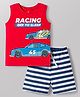 Doodle Poodle 100% Cotton Knit Sleeveless T-Shirt & Shorts Night Suit with Car Print - Red & White