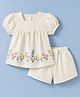 Babyhug Single Jersey Knit Half Sleeves Top & Shorts With Floral Embroidery & Bow Applique - White