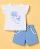 Babyhug Single Jersey Knit Half Frill Sleeves Floral Printed Top & Shorts Set With Lace Detailing - White & Light Blue
