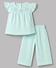 Babyhug Cotton Woven Half Frill Sleeves Floral Embroidered top & Pant Set - Sea Green