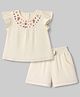 Babyhug Cotton Woven Half Frill Sleeves Floral Embroidered Top & Shorts Set - OffWhite