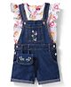 Babyhug Single Jersey Knit Denim Dungaree & Half Sleeves T-Shirt With Floral Print - White & Blue