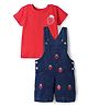 Babyhug Single Jersey Knit Strawberry Embroidered Dungaree With Half Sleeves Inner Tee - Red & Blue