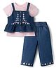Babyhug Denim Half Sleeves Top & Pant Set With Inner Tee & Floral Embroidery - Navy Blue & Pink