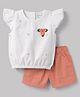 Babyhug Cotton Woven Half Sleeves Top & Shorts Set With Floral Applique - White & Peach