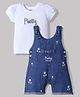 Babyhug Single Jersey Knit Denim Dungarees and Half Sleeves Tee with Floral Embroidery & Bow Applique in White