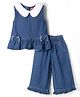 Babyhug Peter Pan Collar Sleeveless  Top & Pant Set with Schiffli Bow & Frill Detailing - Blue