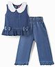 Babyhug Peter Pan Collar Sleeveless  Top & Pant Set with Schiffli Bow & Frill Detailing - Blue