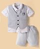 Mini Taurus 100% Cotton Woven Half Sleeves Nautical Theme Printed Shirt & Shorts Set With Waistcoat & Checks Print - Grey