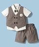 Mini Taurus Sinker Knit Half Sleeves Checkered Shirt & Shorts Set with Waistcoat with Attached Bow & Patch - Brown