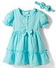 Babyhug Cotton Woven Half Puffed Sleeves Solid Colour Tiered Frock with Headband & Bow Applique - Light Blue