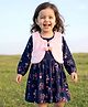 Babyhug Twill Woven Full Sleeves Floral Printed Frock with Jacket - Navy Blue
