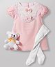 Babyhug Cotton Woven Half Sleeves Checks Printed Frock With Leggings & Teddy Bear - Peach