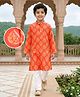 EARTHY TOUCH Cotton Knit Full Sleeves Kurta Pyjama Set with Floral Print - Orange
