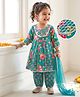 Babyhug Cambric Woven Three Fourth Sleeves Kurti Salwar Set with Dupatta & Floral Print - Green