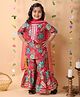 Kinder Kids Cotton Woven Three Fourth Sleeves Floral Printed Lace Embellished Kurti & Sharara With Dupatta Set - Red