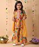 Kinder Kids Cotton Woven Three Fourth Sleeves Floral Printed Lace Embellished Kurti & Sharara With Dupatta Set - Yellow