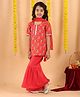 Kinder Kids Cotton Woven Half Sleeves Bandhani Printed Gota Lace Embellished Kurti & Sharara Set With Dupatta - Red