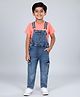 Kiddopanti Cotton Knit Mild Washed Dungaree With Half Sleeves Mini Monster Text Printed Tee - Coral & Light Rag Blue