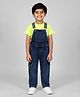 Kiddopanti Cotton Knit Washed Dungaree With Half Sleeves Monster Printed Tee - Neon Green