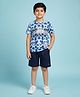 Kiddopanti Cotton Knit Half Sleeves Tie Dye & Stegosaurus Printed Tee & Shorts Set - Blue & Navy Blue