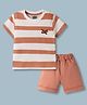 Mini Taurus Sinker Knit Half Sleeves T-Shirt & Shorts Night Suit With Airplane Embroidery - Rust Orange