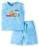 Babyhug 100% Cotton Knit Sleeveless Vehicles Printed Tank T-Shirt & Shorts Set - Light Blue