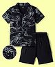OLLINGTON ST. Sinker Knit Half Sleeves Shirt & Shorts Set With Tropical Theme - Black