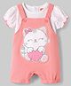 Babyhug Single Jersey Knit Romper Style Dungaree & T-Shirt With Kitten & Polka Dots Print - Pink & White
