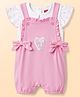 Babyhug Single Jersey Knit Dungaree & Half Sleeves Inner Tee with Bow Embroidery - White & Pink