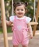 Babyhug Single Jersey Knit Dungaree & Half Sleeves Inner Tee with Bow Embroidery - White & Pink