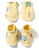 Babyhug 100% Cotton Knit Bear & Vehicles Printed Mittens & Booties Set - Yellow