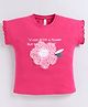 giniekids Pure Cotton Knit Half Sleeves Typography Printed & Floral Applique Detailed Top - Fuchsia Pink