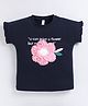 giniekids Pure Cotton Knit Half Sleeves Floral Applique Detailed & Typography Printed Top - Navy Blue
