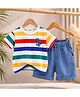 POP STREET KIDS Cotton Blend Knit Half Sleeves Striped & Dinosaur Embroidered Tee & Shorts Set - Multi Colour