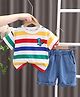 POP STREET KIDS Cotton Blend Knit Half Sleeves Striped & Dinosaur Embroidered Tee & Shorts Set - Multi Colour