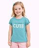 Sportking Cotton Blend Knit Half Puffed Sleeves Cute Text Printed Top - Aqua