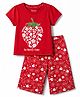 Honeyhap Premium 100% Cotton Knit Half Sleeves Strawberry & Floral Printed T-Shirt & Capri Night Suit With Bio Wash- Red