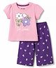 Honeyhap Premium 100% Cotton Knit Half Sleeves Floral Printed T-Shirt & Capri Night Suit With Bio Wash- Light Pink & Purple