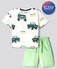 Bonfino 100% Cotton Knit Drop Shoulder Half Sleeves Oversized T-Shirt & Cargo Shorts Set with Car Print - Mint & White