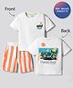 Bonfino 100% Cotton Knit Half Sleeves Vehicles Printed & Striped Front & Back Printed Oversized T-Shirt & Cargo Shorts Set - White