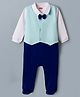 Babyhug Cotton Knit Full Sleeves Footed Solid Party Romper With Bow Applique & Attached Waistcoat - Blue