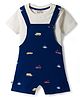 Bonfino 100% Cotton Knit Half Sleeves T-Shirt & Dungaree Set with Vehicle Print - Navy Blue & White
